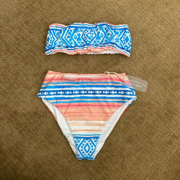 NWT WATERCOLORS by Kenny Flowers Palmilla Bandeau Top High Waist XS Bikini $145 - Picture 1 of 5